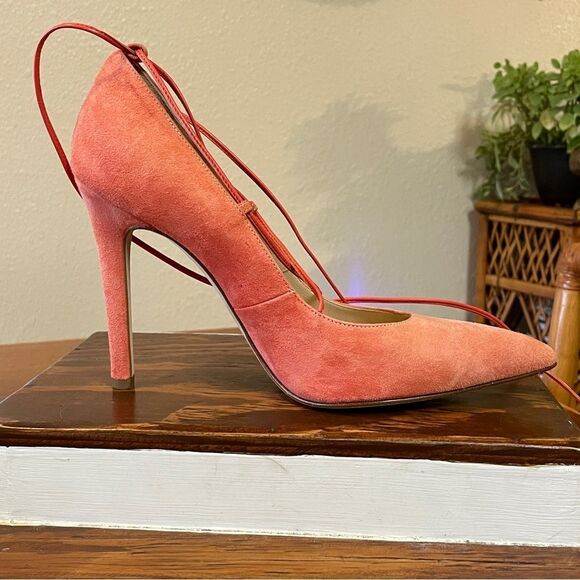 Clef Genuine Suede Leather Stiletto Pumps Made in Italy Coral Ankle Lace - Picture 6 of 13